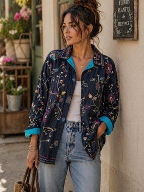 Embroidered Beaded Floral Jacket Navy Blue Boho Button Front Lightweight Top